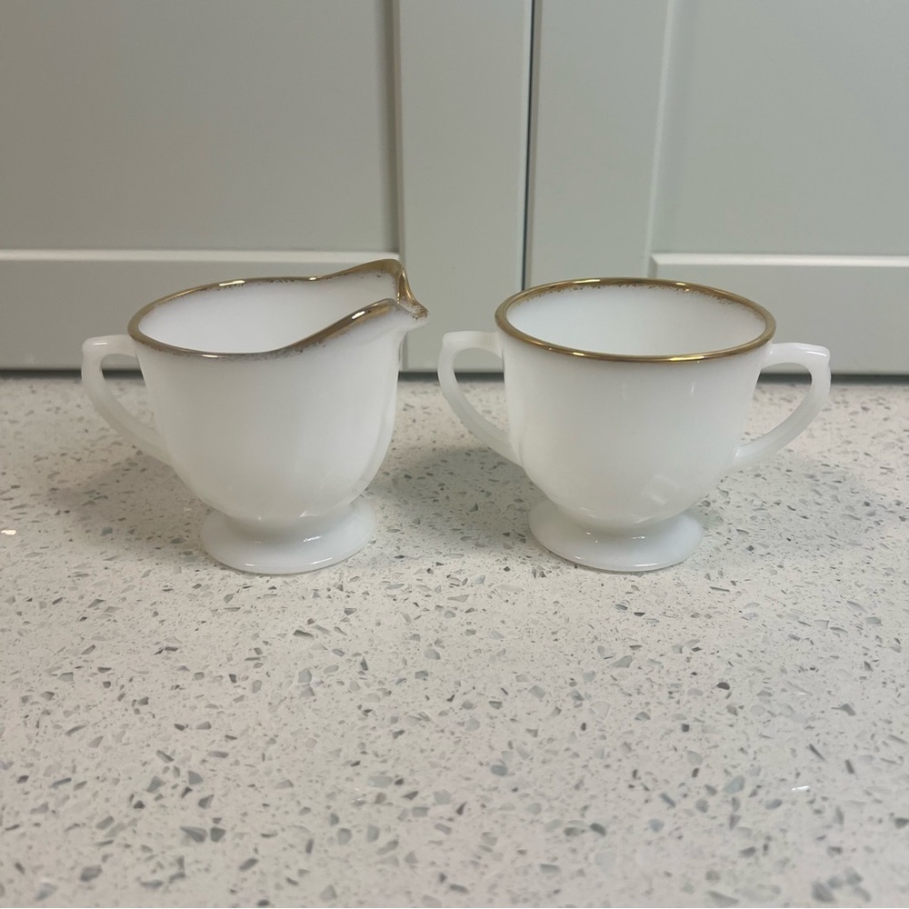 Vintage 50s FIRE KING Creamer & Sugar | 22K Gold Rim | Golden Anniversary Swirl